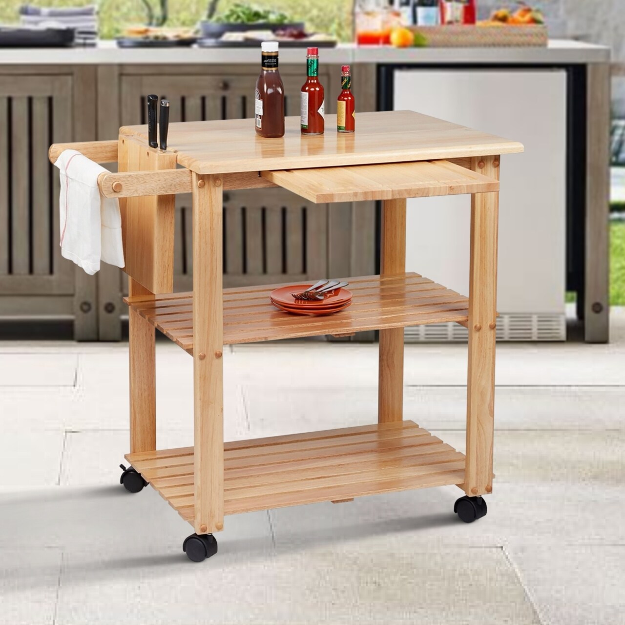 Saltoro Sherpi 34 Inch Handcrafted Rubberwood Kitchen Island Bar Cart, 2 Plank Design Shelves, Knife Holder, Chopping Board, Oak Brown-